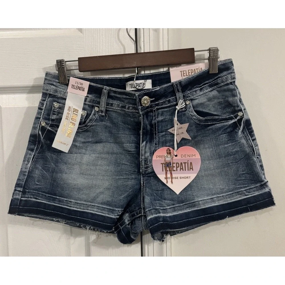 Telepatia Cutoff Jean Shorts Embroidered Bling Women's‎ Sz 11 Raw Hem NWT